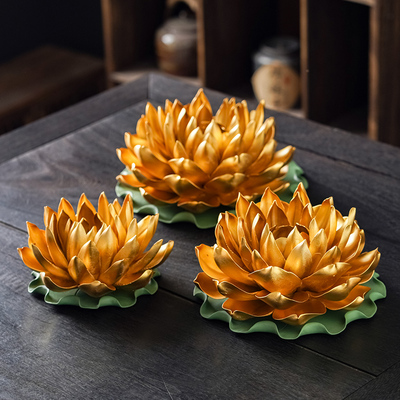 金色帝王莲花香插陶瓷摆件佛堂荷花佛前供花客厅佛桌仿真花装饰品