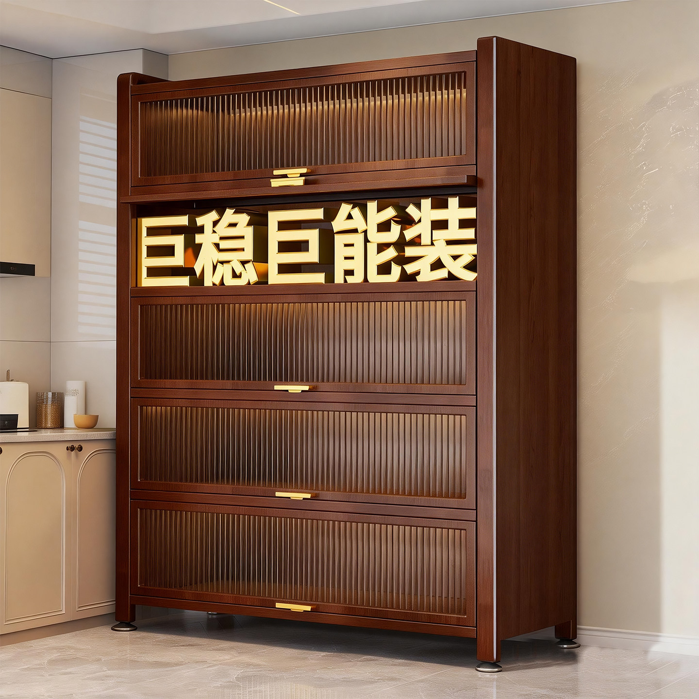 厨房餐边柜置物架微波炉储物柜靠墙一体橱柜家用胡桃木色收纳柜子