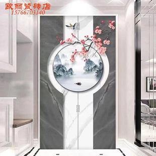 饰微晶石大理石简约新中式 岩板背景墙玄关瓷砖画入户过道装 轻奢
