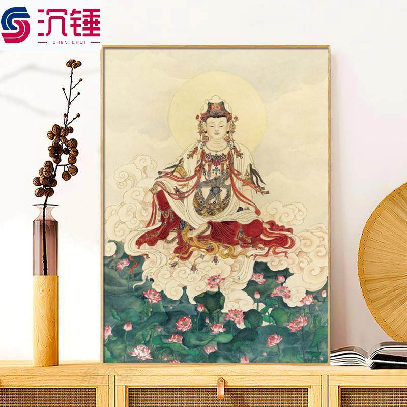水月观音南海菩萨装饰画禅意中式唐卡玄关佛像壁画佛堂背景墙挂画