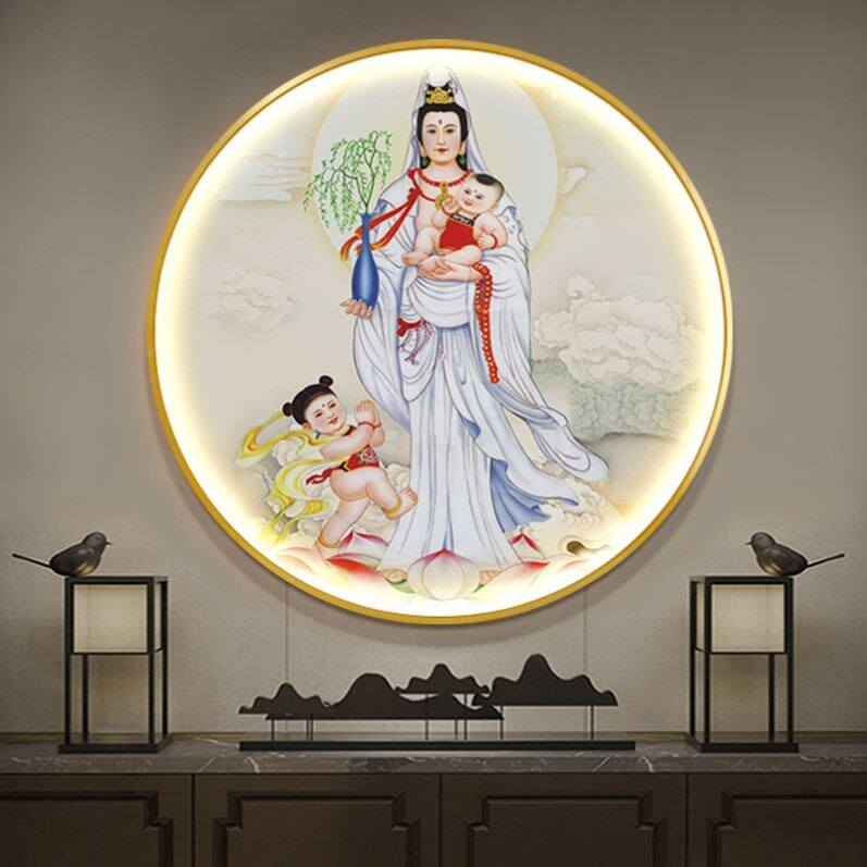 释迦牟尼圆形发光禅意佛堂茶室led灯壁画玄关佛像装饰画观音菩萨