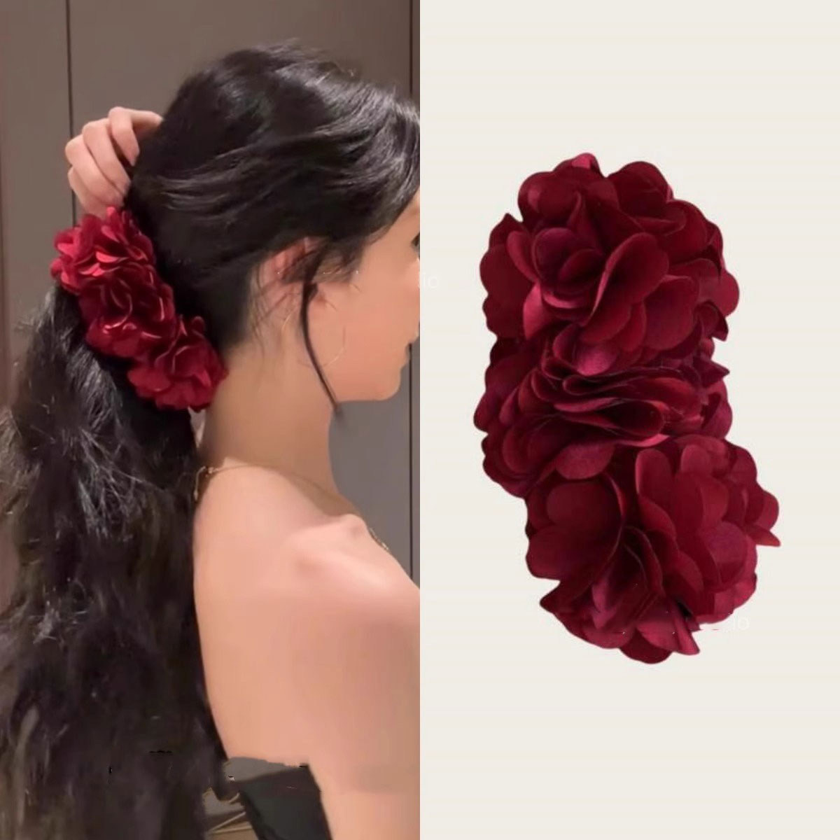 易梦玲同款香蕉夹浪漫玫瑰花马尾