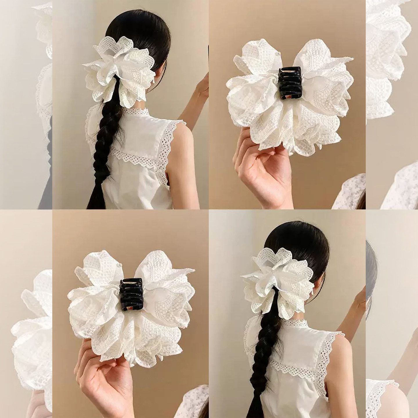 韩系蕾丝花朵抓夹女超仙白色马尾