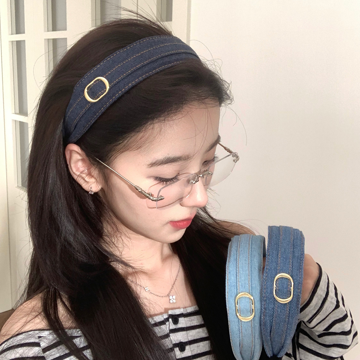 复古金属扣牛仔发箍女港风宽边