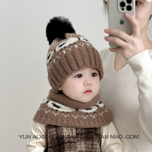 宝宝帽子围巾套装男宝秋冬婴儿毛线帽围脖女童冬季幼儿冬天一两岁