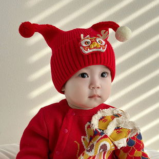 宝宝新年冬季帽子一岁婴幼儿护耳男女过年红色毛线周岁帽小月龄