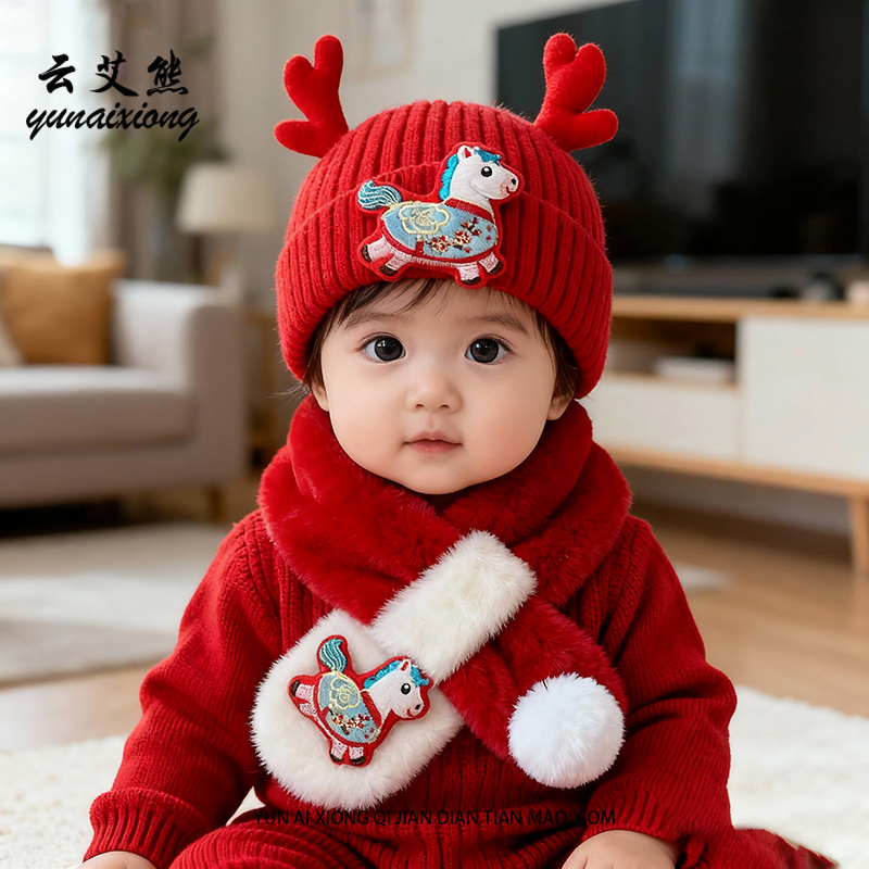 婴儿帽子春秋款红色针织帽