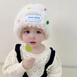 白鹿同款毛绒帽子儿童秋冬季韩版时尚女宝宝公主纽扣帽保暖仿皮草