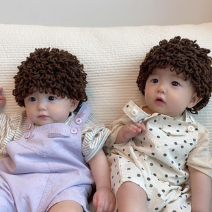 婴儿搞笑帽子宝宝可爱假发帽子爆炸头个性头发套男女童卷发帽保暖