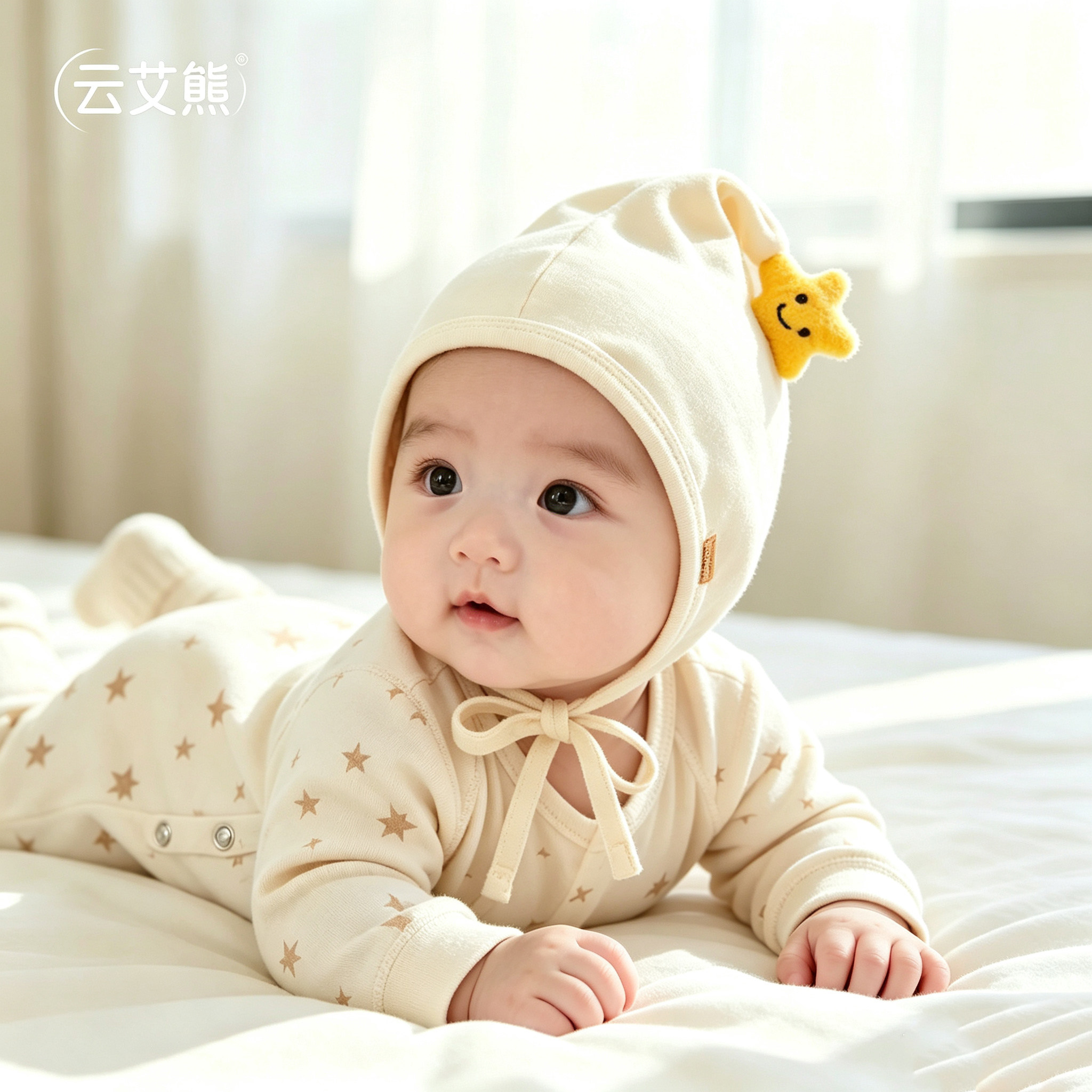 婴儿帽子春秋季护囱门胎帽男女宝宝护耳防风星星小月龄冬天包头帽