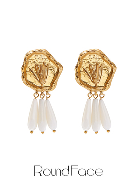特卖品RoundFace 24SS 金属白贝母拼接金色设计师高级优雅耳环