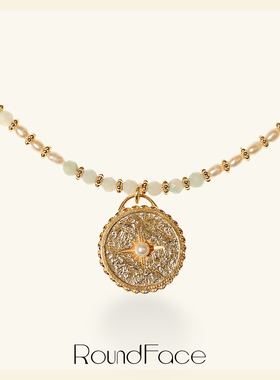 RoundFace珠光系列⾦⾊多宝⽯⽴体项链复古⼿⼯款