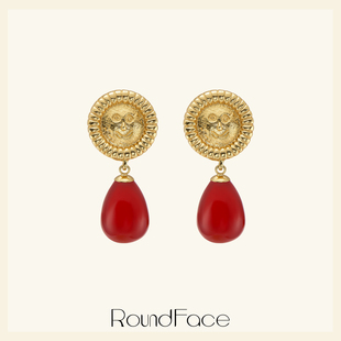 RoundFace炼金术系列红色水滴笑脸耳钉法式复古耳环女轻奢小众