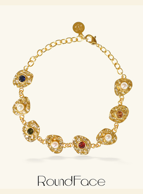 RoundFace信物系列⾦⾊⽴体镶⽯⼿链⼿⼯礼物