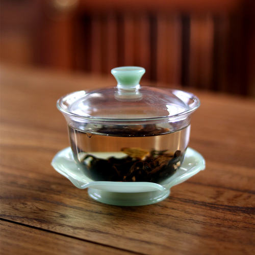 耐高温玻璃三才敬茶碗 高档绿玉色荷叶盖碗170ml手抓壶单个泡茶杯