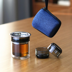 高端一壶两杯便携包旅游茶具简约功夫手抓壶双层耐高温玻璃快客杯