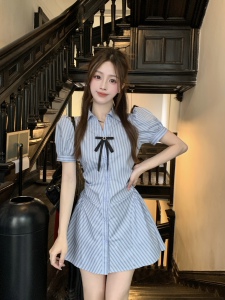 学院风套装小个子收腰显瘦裙子条纹衬衫连衣裙女装夏季短裤两件套