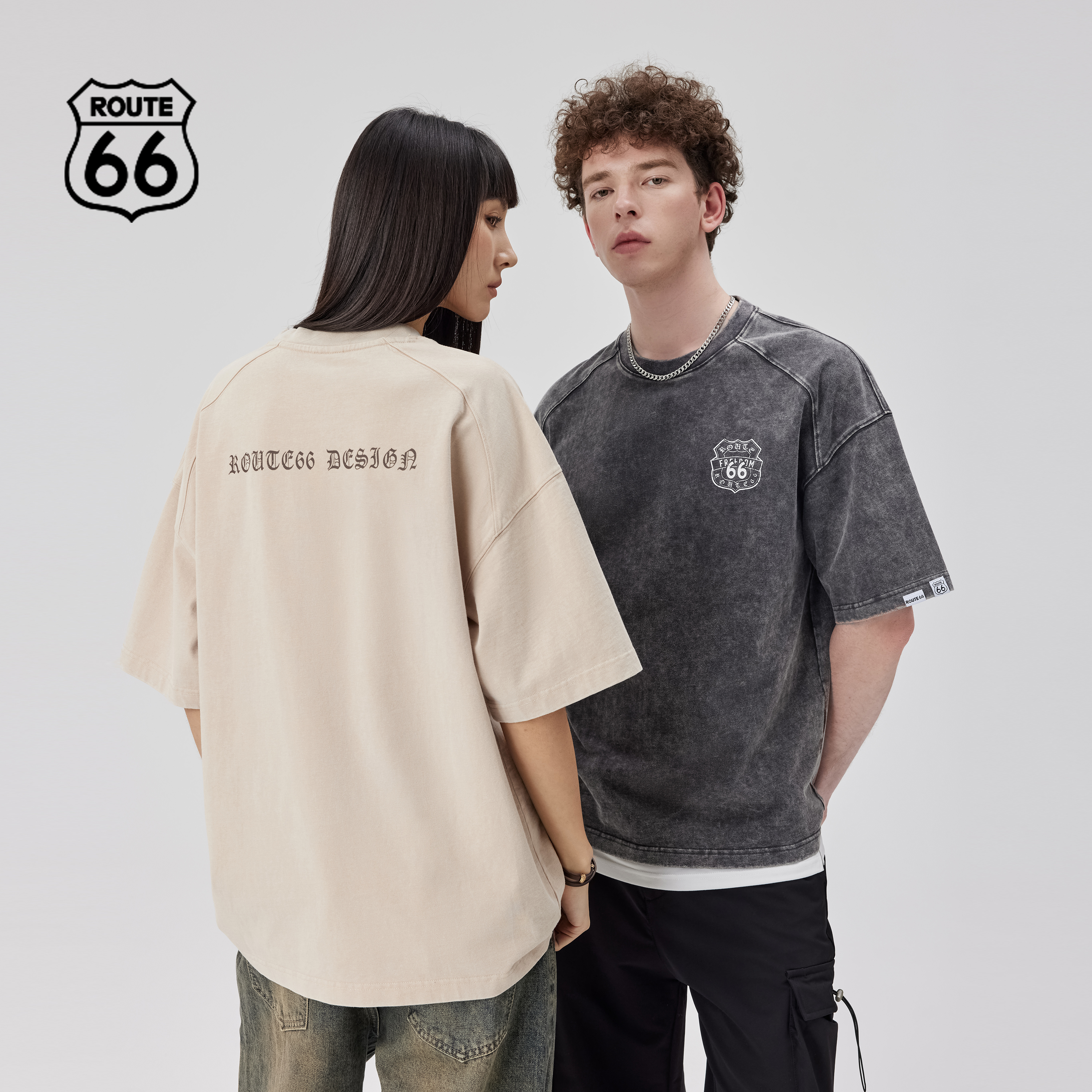 Route66/66号公路夏季新款炒雪花做旧水洗短袖男情侣款夏季t恤男