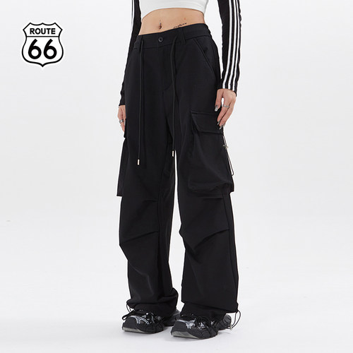 ROUTE66秋季新款工装裤女宽松直筒黑色休闲裤潮流伞兵裤冲锋裤潮 - 封面