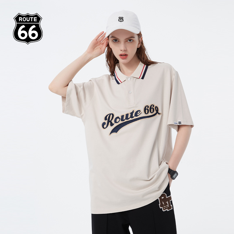66号公路/ROUTE66 潮牌情侣短袖复古POLO衫字母刺绣T恤男女同款