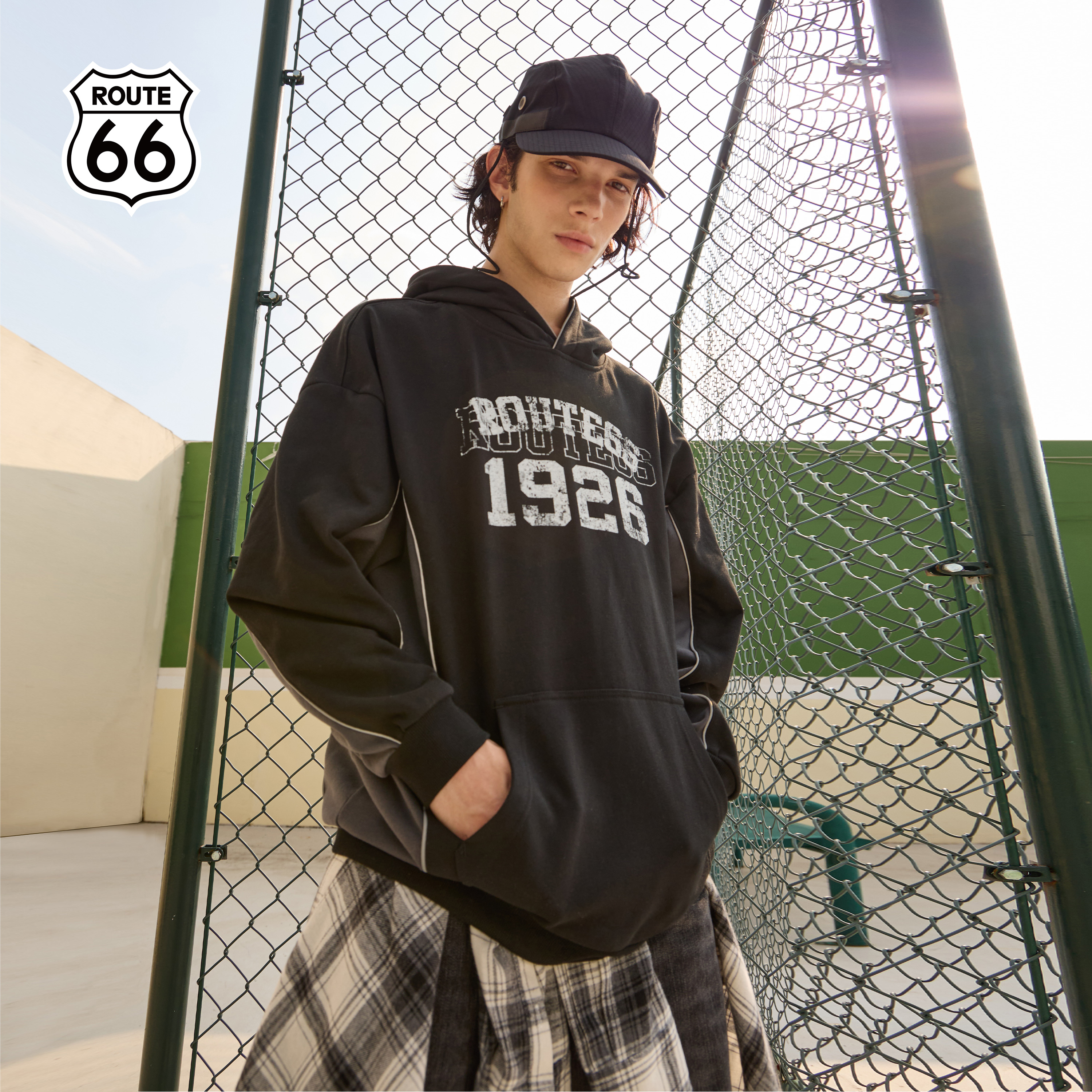 ROUTE66秋季连帽卫衣男美式复古情侣拼接潮牌宽松潮流男女情侣装