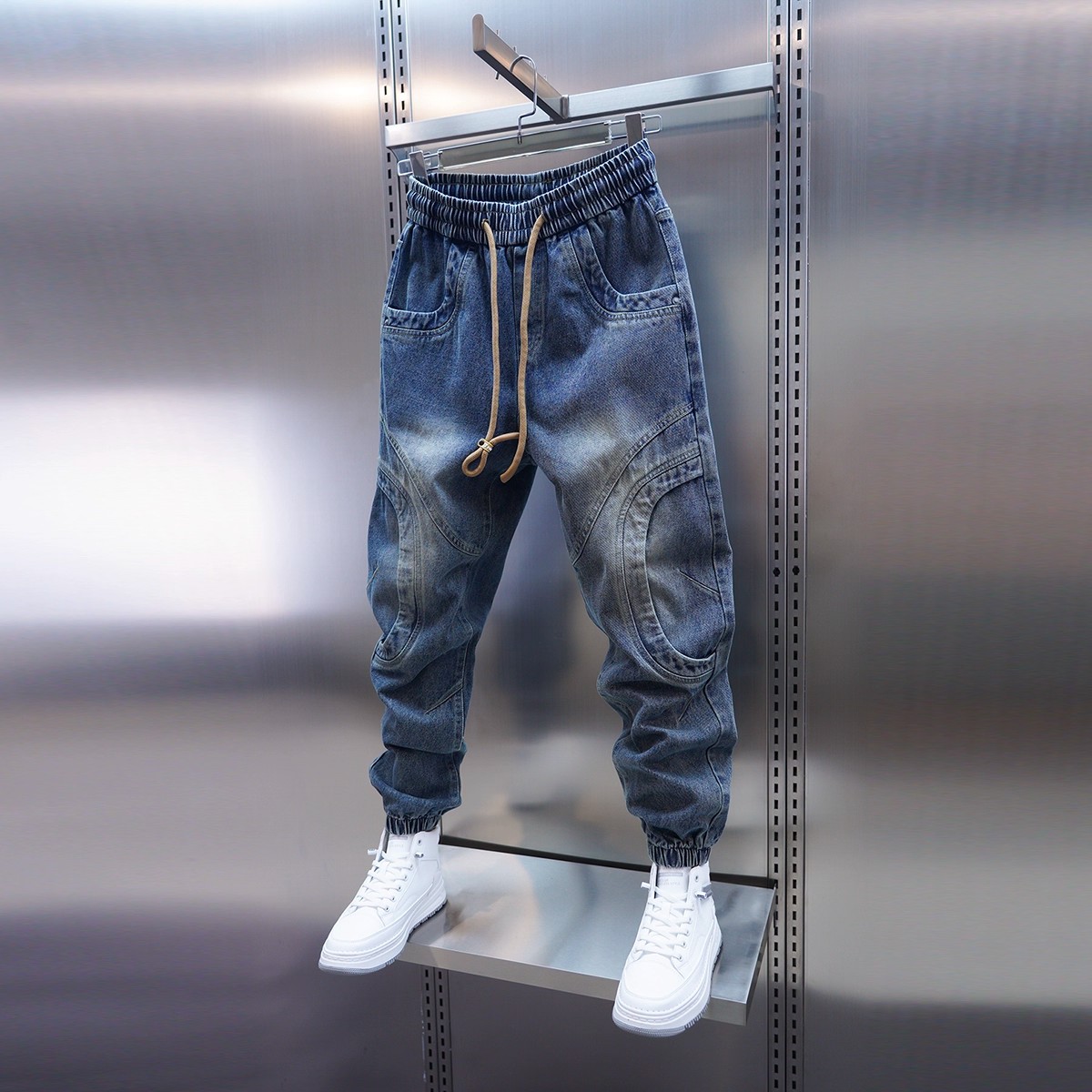 春秋季新款拼接水洗牛仔束脚裤男