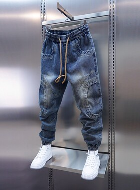 春秋季新款时尚拼接水洗蓝色牛仔束脚裤男士设计感简约百搭哈伦裤