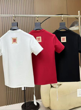 2025春夏季新款红色圆领短袖T恤男简约大气福字印花半袖国潮上衣