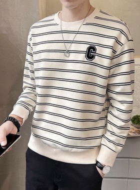 黑白条纹韩版帅气卫衣男秋冬季白色圆领套头刺绣打底衫长袖上衣男
