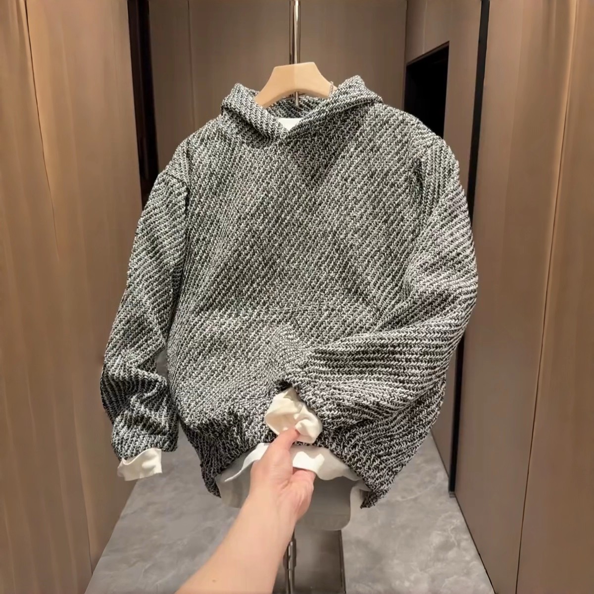 秋冬季新款小香风编织连帽卫衣男