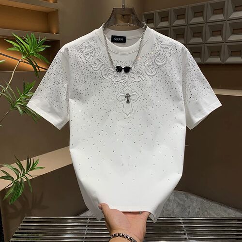 夏季新款轻奢烫钻字母刺绣短袖男