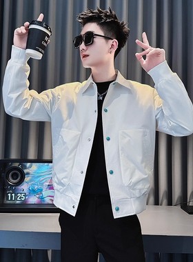 春秋季简约百搭斜纹翻领白色夹克男士高级感痞帅简约百搭纯色外套