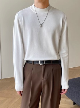 轻熟风白色半高领毛衣男秋冬季纯色打底衫简约内搭毛线衣针织衫男