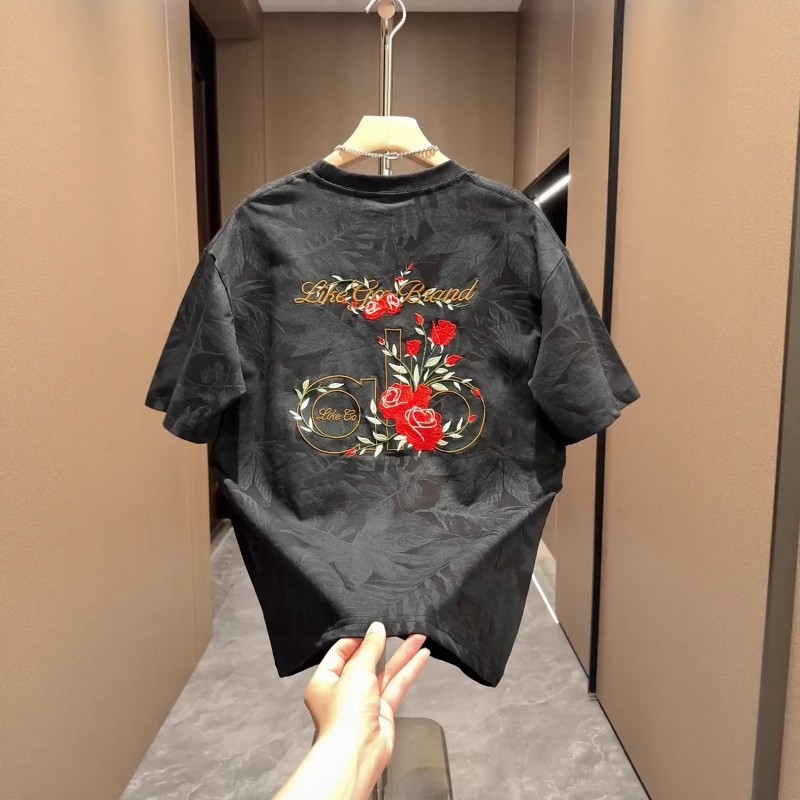 夏季新款时尚花卉刺绣字母短袖男