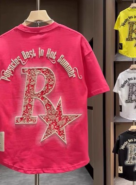 夏季新款潮牌字母星星印花半袖T恤男潮流百搭黑色休闲t恤情侣短袖