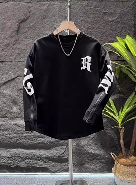 秋冬新款潮流圆弧拉链袖卫衣男士时尚百搭潮流ins加绒长袖打底衫