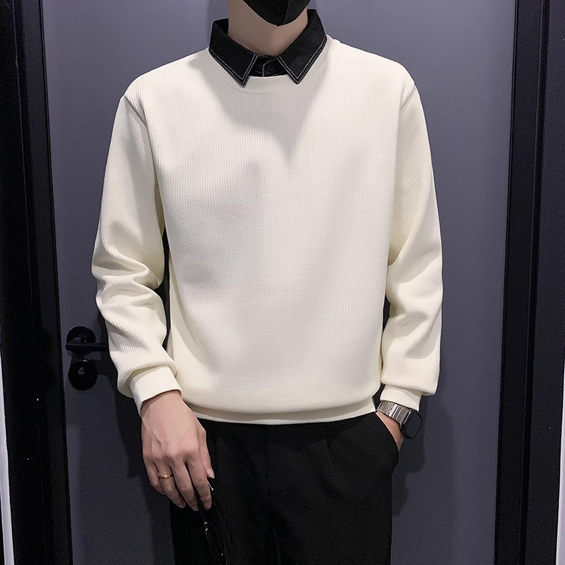 秋冬季男士假两件华夫格拼接上衣