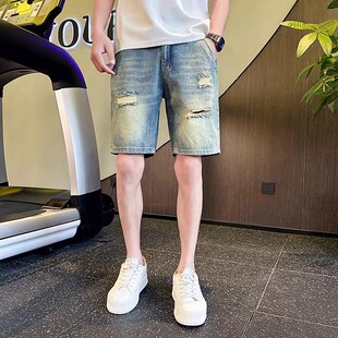 男潮流休闲百搭做旧水洗五分裤 潮牌痞帅破洞设计牛仔短裤 新款 夏季