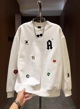 春秋季新款时尚潮牌美式多标刺绣圆领卫衣男士潮流高级感套头长袖