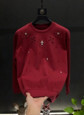 春秋季新款满天星烫钻圆领卫衣男士高质量时尚十字架刺绣百搭长袖