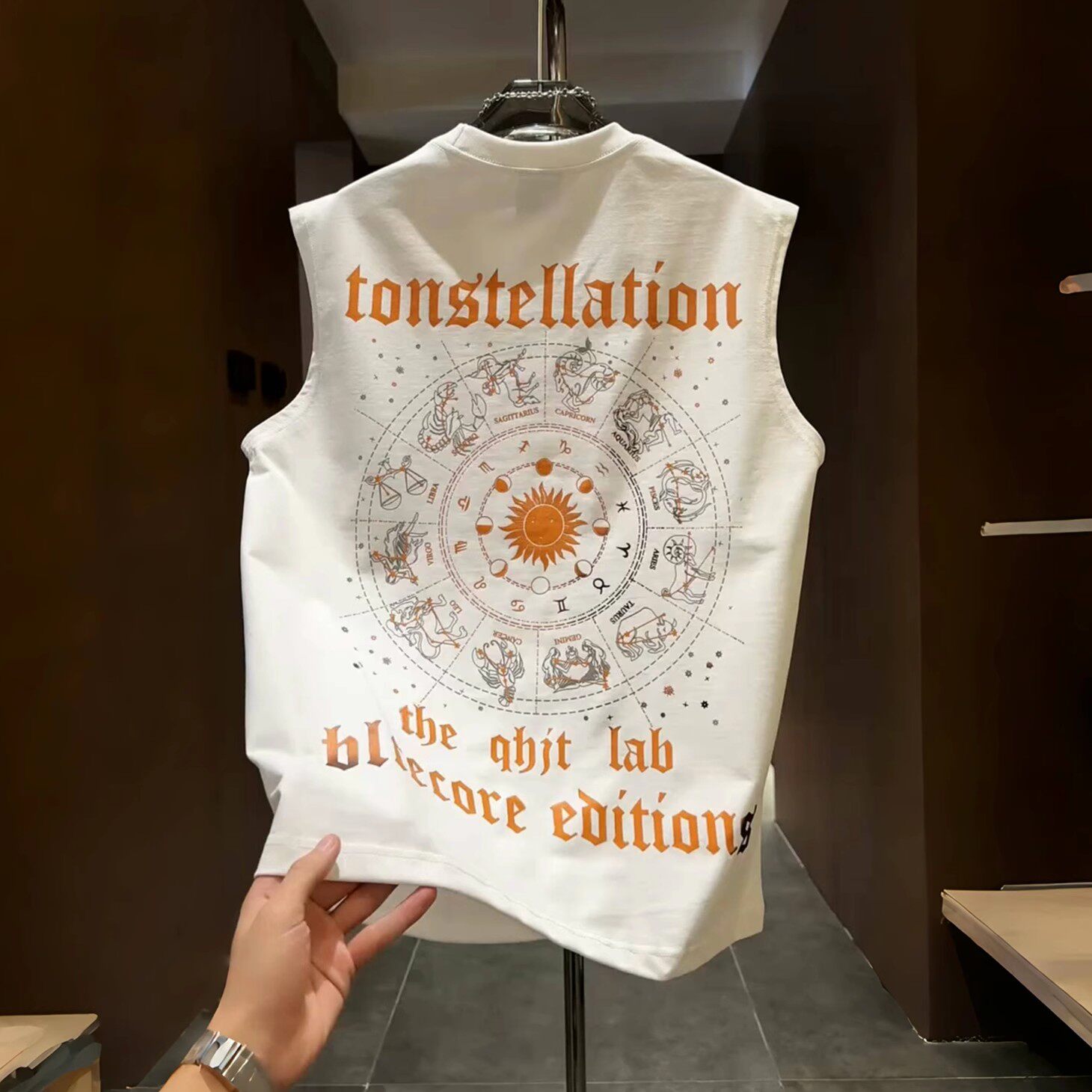 潮牌美式纯棉无袖背心夏季男款潮流个性星座印花圆领宽松坎肩T恤