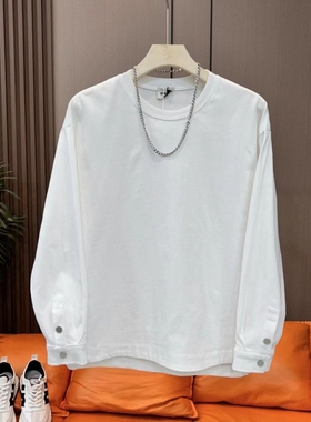 春秋新款纽扣袖男士圆领卫衣时尚百搭纯色长袖休闲宽松白色打底衫