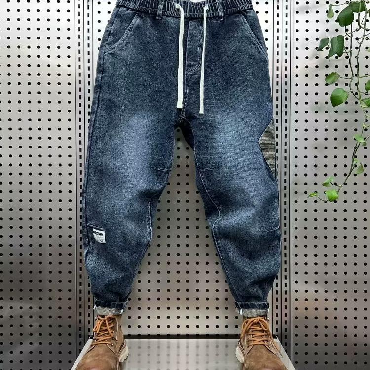 春秋新款拼接小脚牛仔哈伦裤男