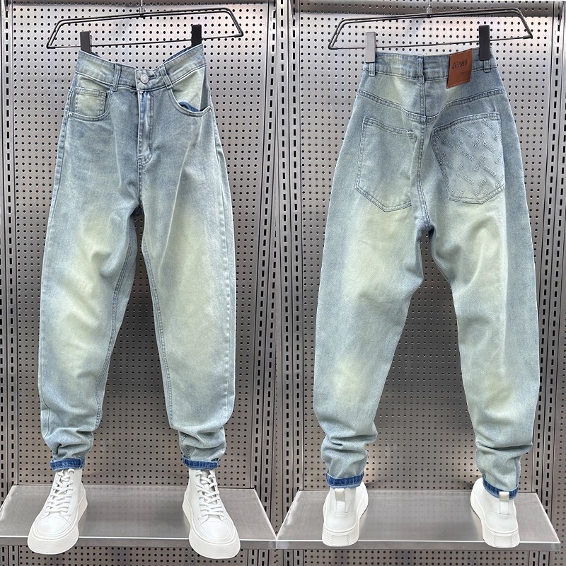 美式复古做旧水洗刮烂牛仔裤男2025春秋季简约休闲直脚哈伦九分裤