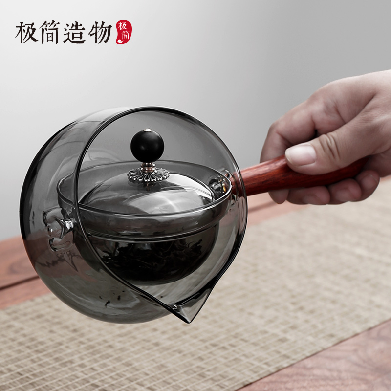 实木侧把360旋转逍遥玻璃茶壶