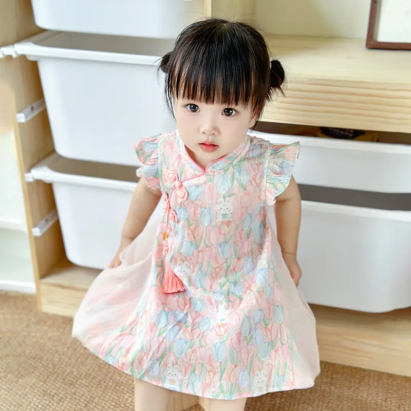 2025婴儿新中式连衣裙夏季薄款女宝宝公主裙子3689女童网纱碎花裙