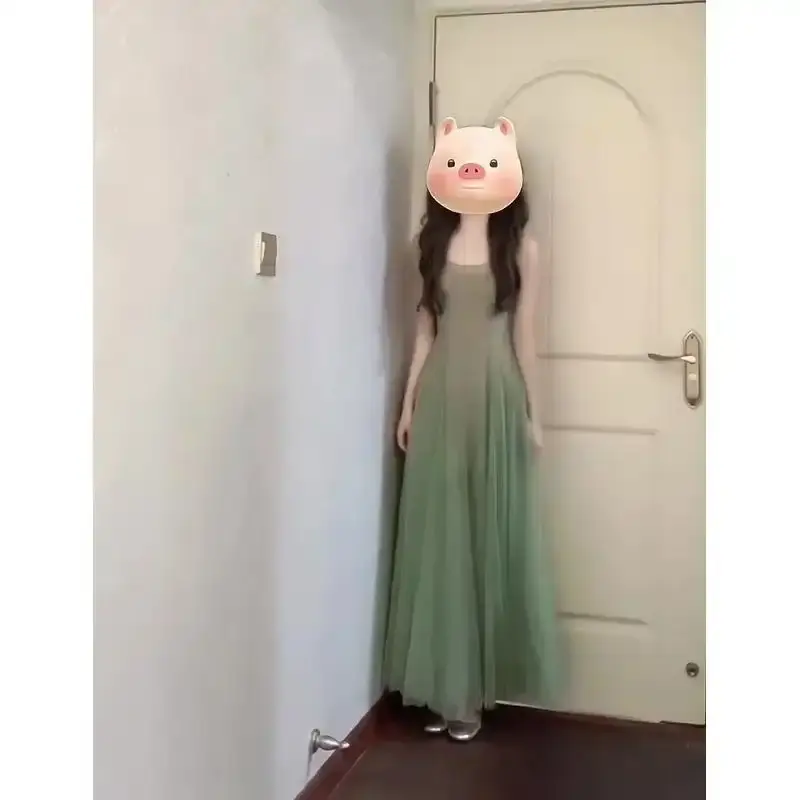 氛围感修身网纱收腰吊带裙女夏季茶歇法式长裙无袖连衣裙子两件套