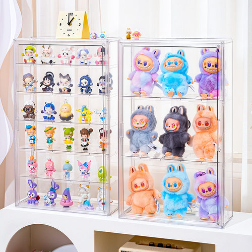 壁挂式拉布布收纳盒免打孔透明防尘盲盒手办公仔娃摆件多层展示架