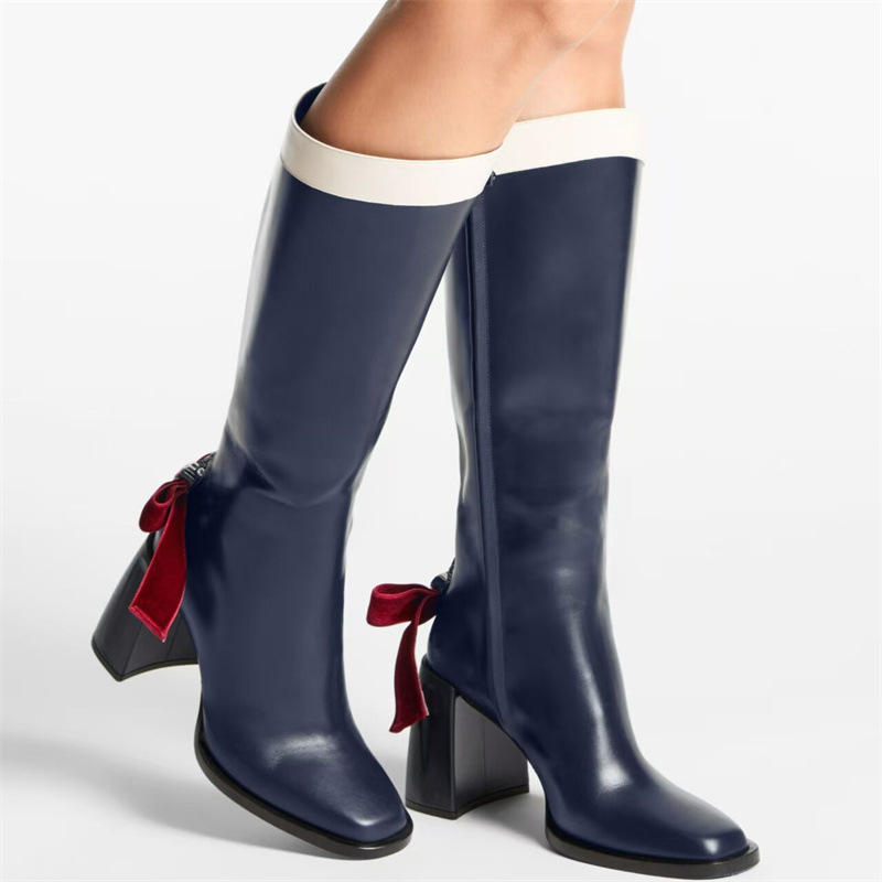 新款欧美外贸大码蝴蝶结高跟粗跟长靴配色方头时装高靴女鞋骑士靴