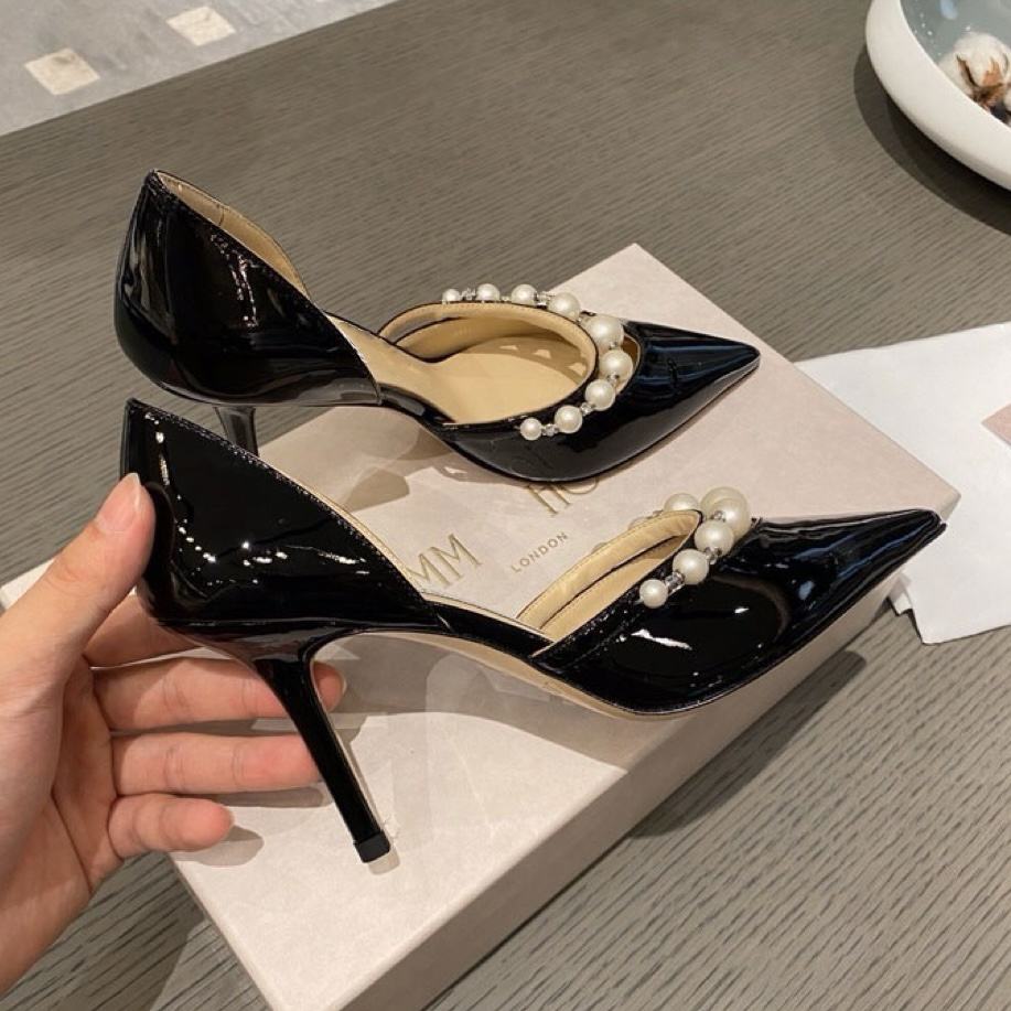 新款 JC宋茜珍珠高跟鞋女2025夏季漆皮细跟凉鞋浅口尖头单鞋子